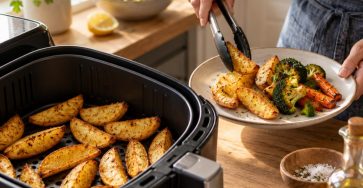 An open unbranded air fryer basket with evenly spaced golden potato wedges and a plate of finished crisp vegetables beside it